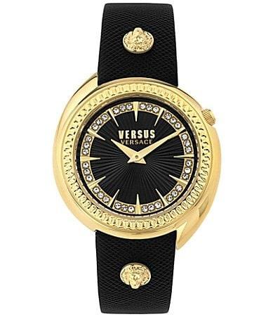 Versus By Versace Womens Tortona Crystal Two Hand Black Leather Strap Watch Product Image