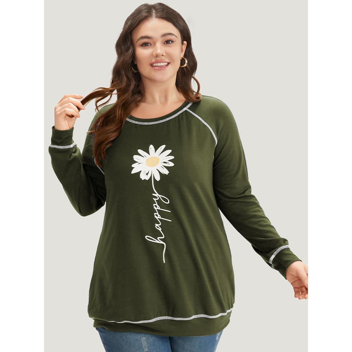 Plus Size Floral Print Stitch Crew Neck Raglan Sleeve Sweatshirt Women ArmyGreen Casual Elastic cuffs Dailywear Sweatshirts BloomChic 22-24/3X Product Image