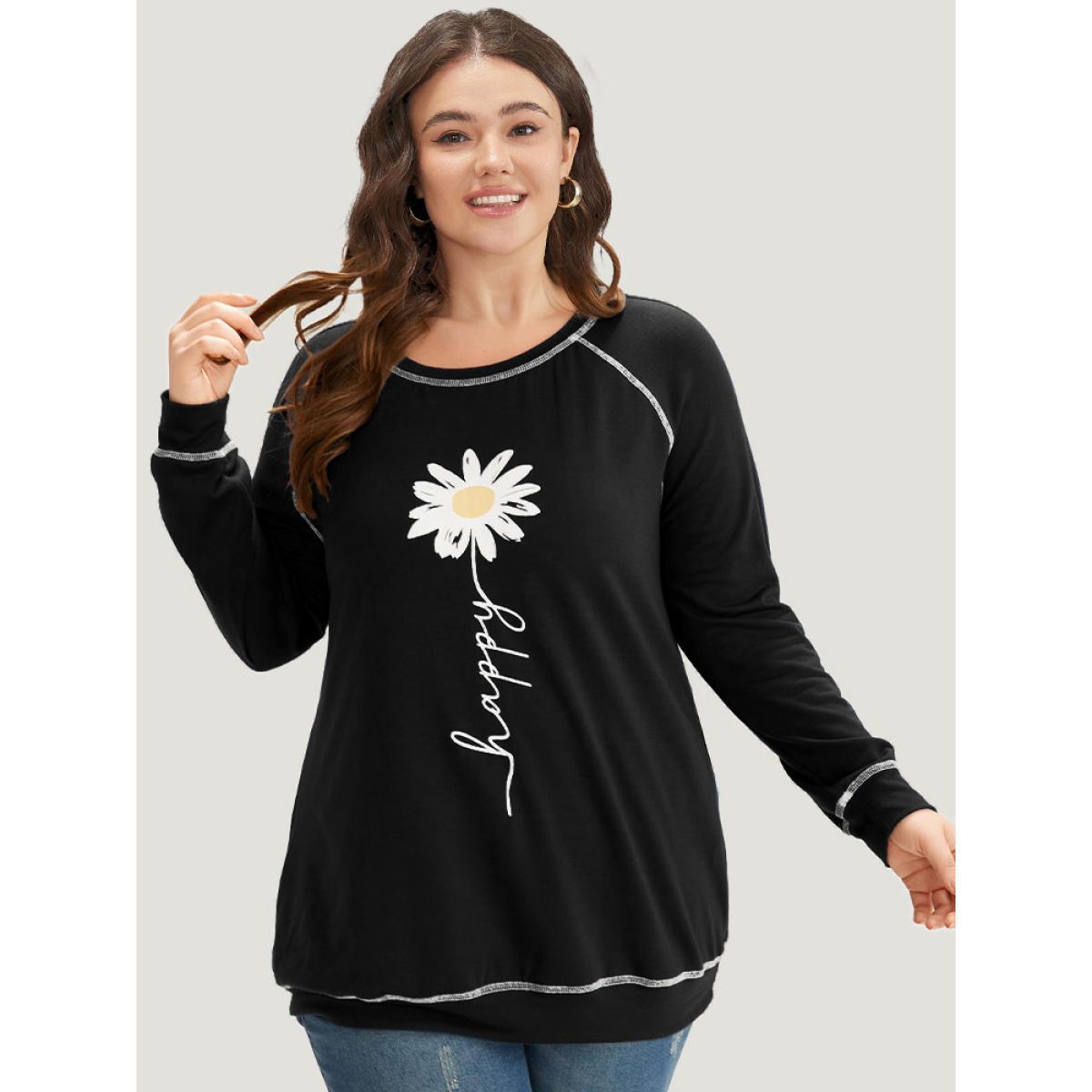 Plus Size Floral Print Stitch Crew Neck Raglan Sleeve Sweatshirt Women Black Casual Elastic cuffs Dailywear Sweatshirts BloomChic 30/6X Product Image