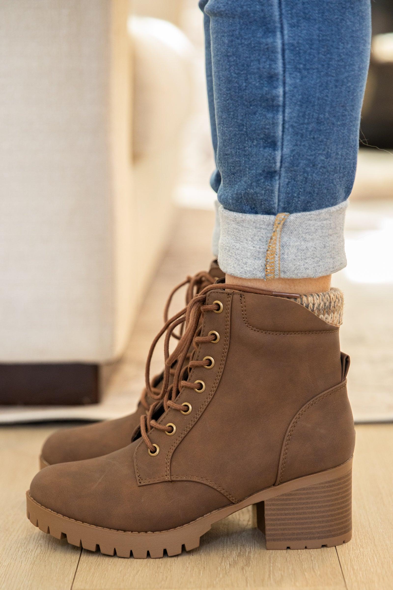 Light Brown Lace Up Lug Sole Knit Trim Boots Product Image