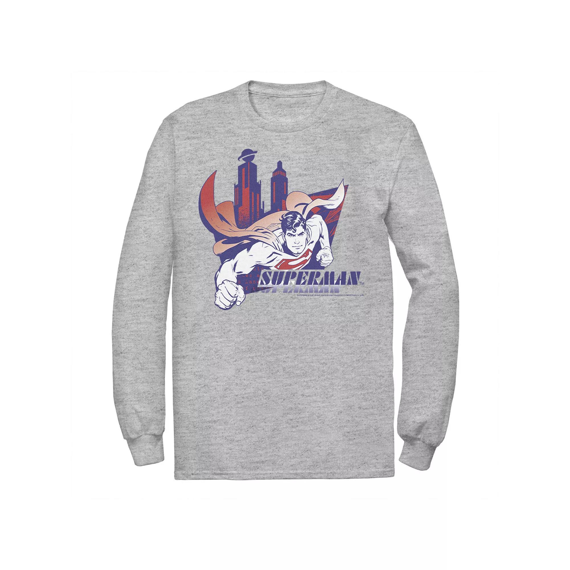 Mens DC Comics Superman Daily Planet Skyline Flying Poster Long Sleeve Graphic Tee Product Image