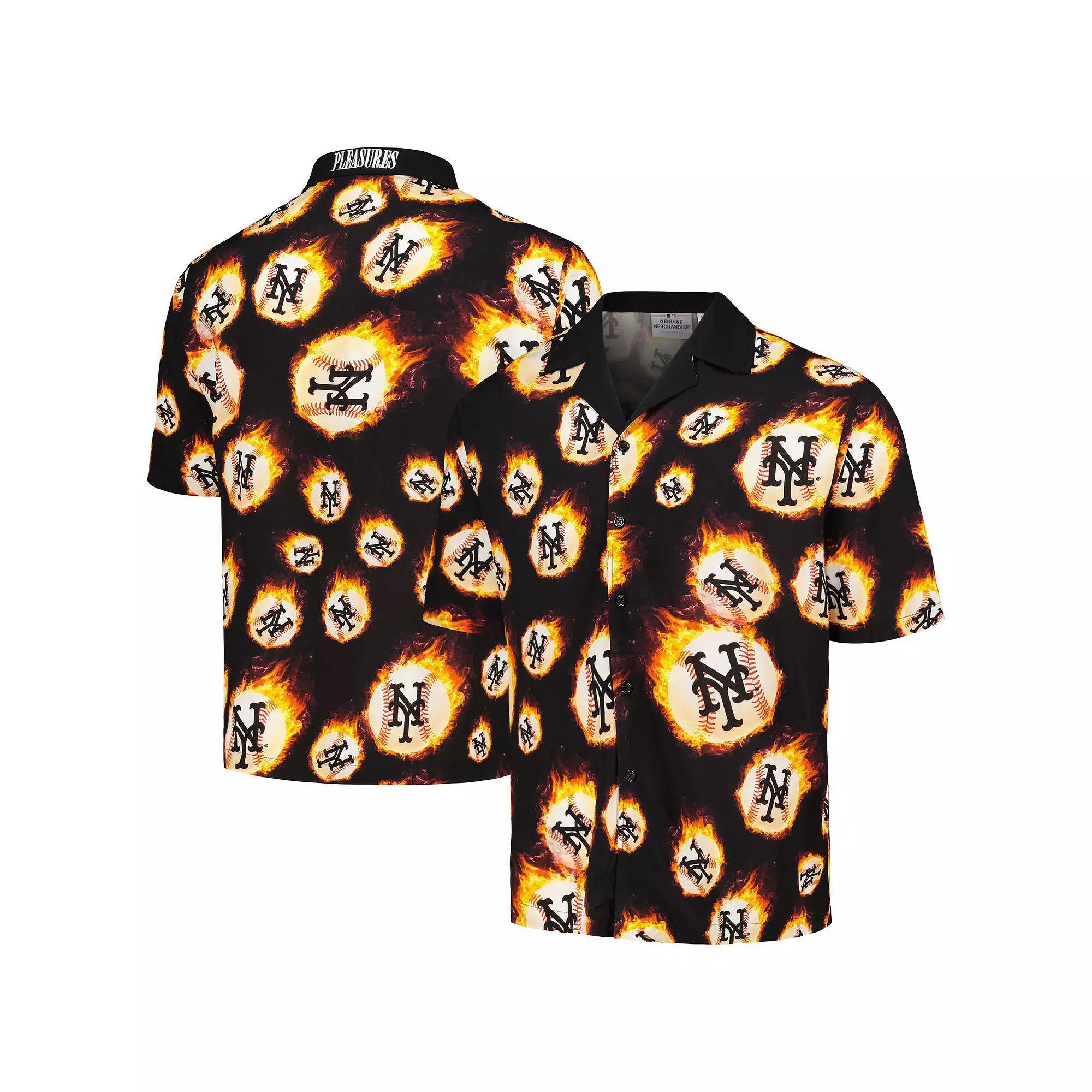 Men's Black New York Mets Flame Fireball Button-Up Shirt, Size: Small Product Image