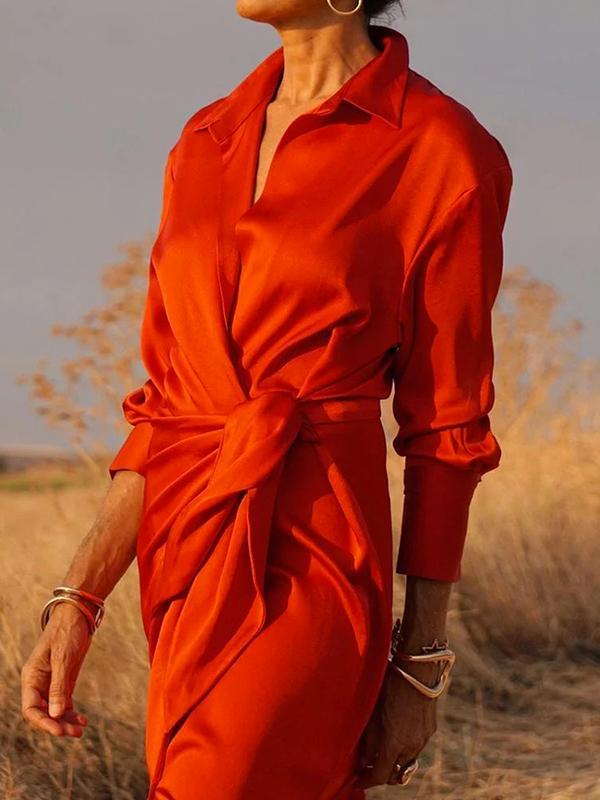 Long Sleeves Loose Solid Color Lapel Collar Maxi Shirt Dresses Product Image