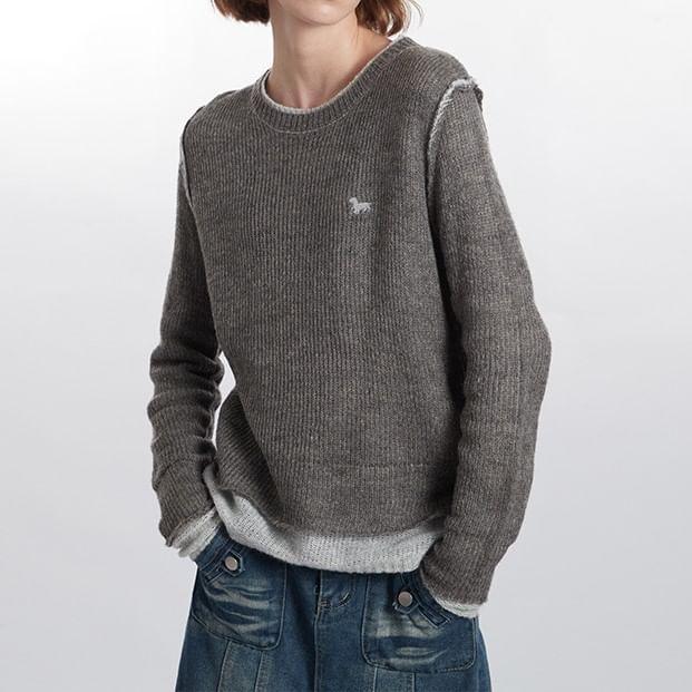 Round Neck Embroidered Mock Two Piece Sweater Product Image