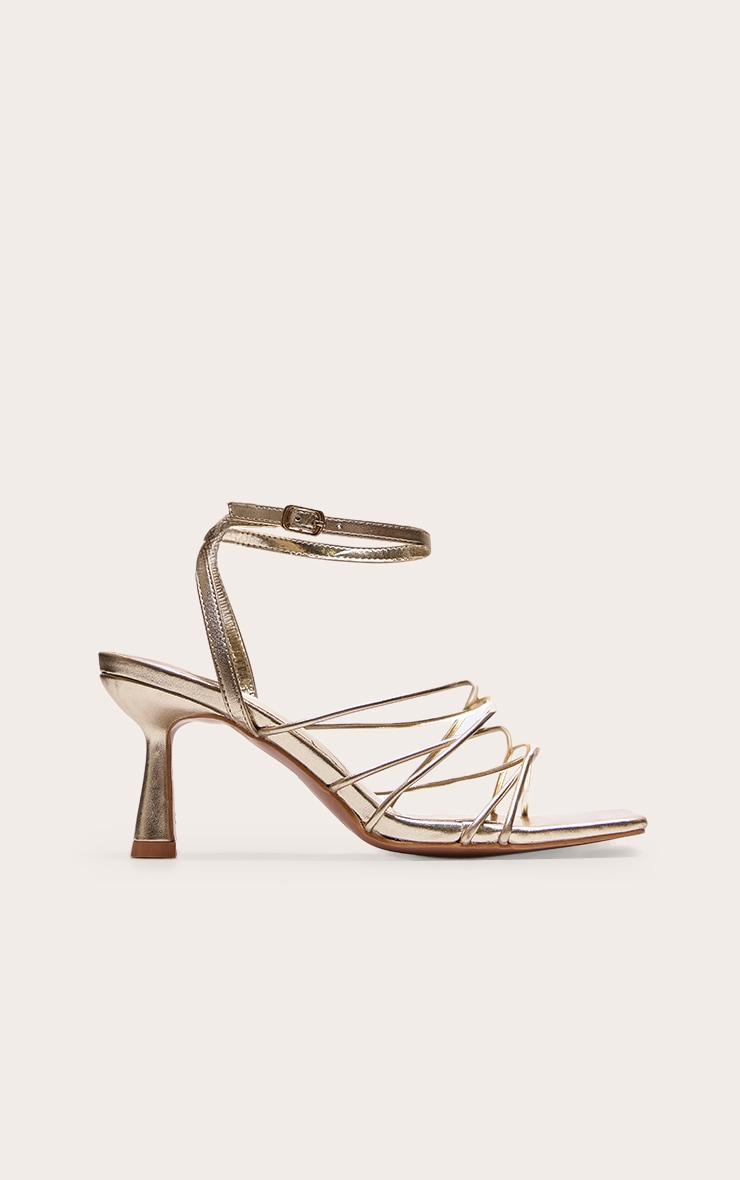 Gold PU Metallic Square Toe Cross Over Strappy Mid Heeled Sandals Product Image