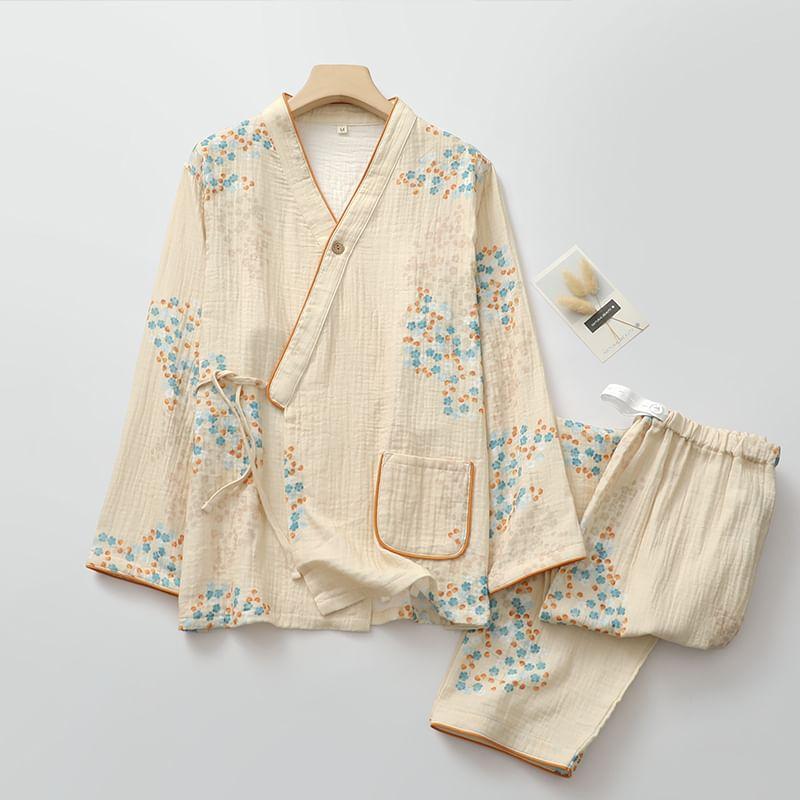 Pajama Set: Long Sleeve V-Neck Floral Print Tie-Up Wrap Top + Elastic Waist Straight Leg Pants Product Image