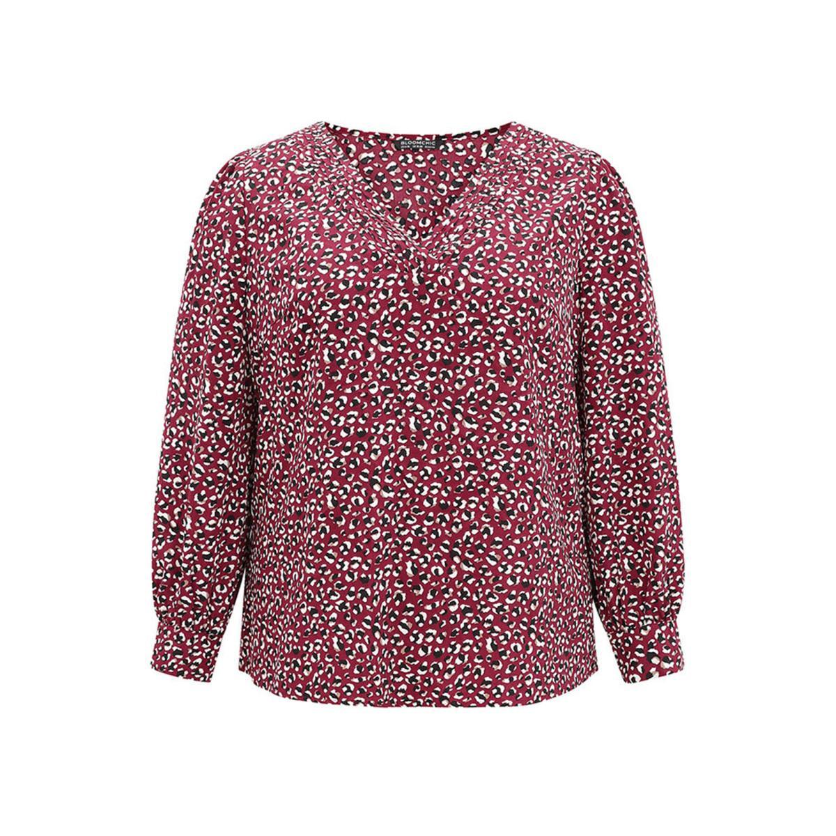 Plus Size Burgundy Allover Print V Neck Pleated Blouse Women Office Long Sleeve V-neck Office Blouses BloomChic 12/L Product Image