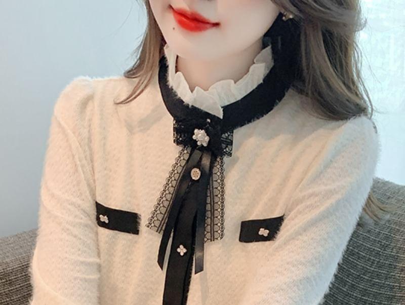 Long-Sleeve Stand Collar Bow Accent Contrast Trim Button-Up Blouse Product Image