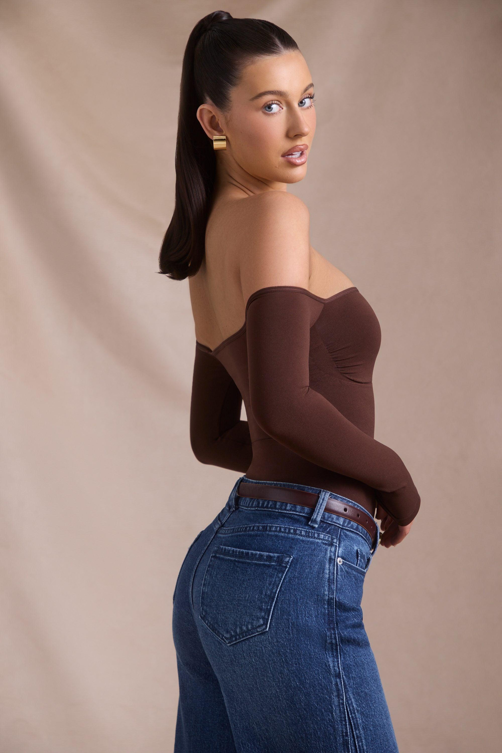 Seamless Off-Shoulder Long-Sleeve Bodysuit in Espresso Product Image