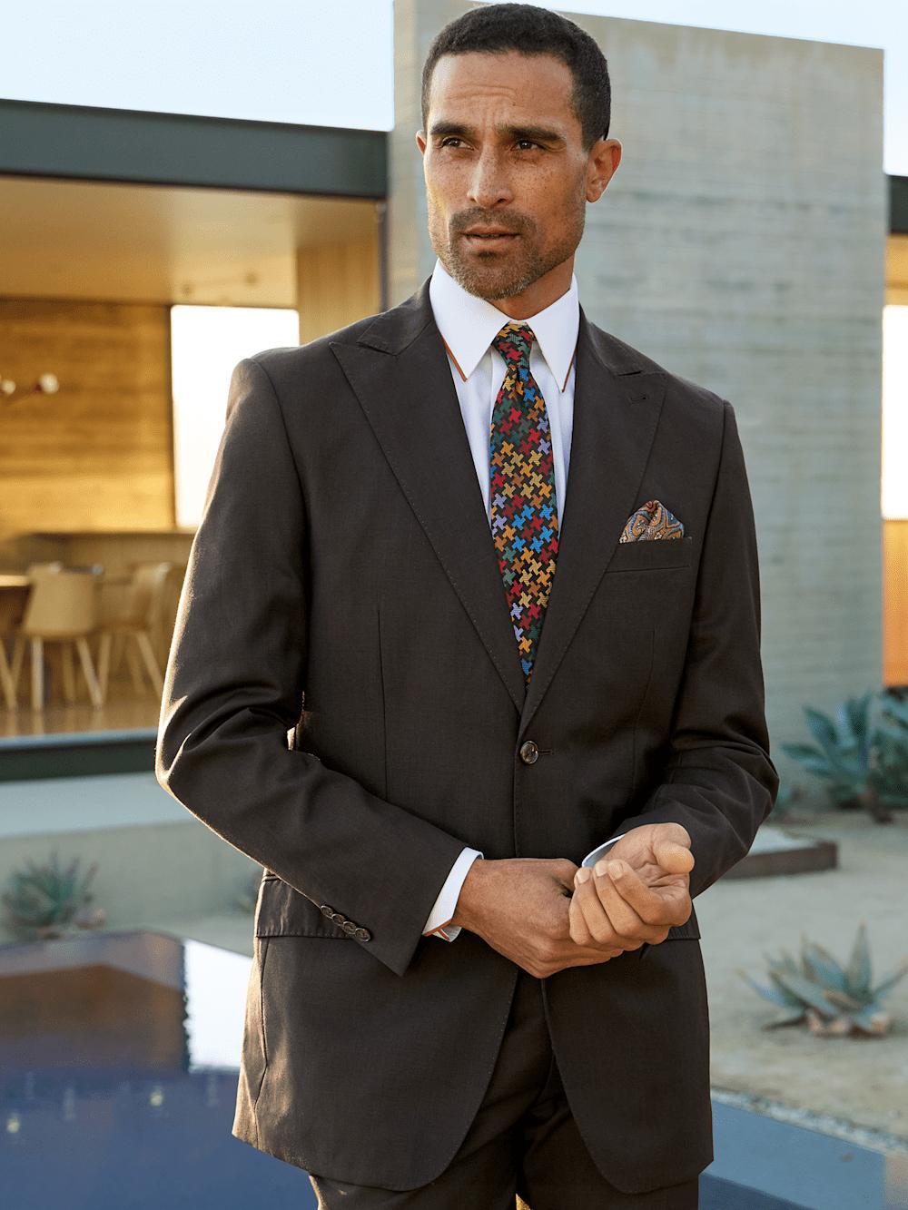 Wool Stretch Bengaline Single Breasted Peak Lapel Suit - Dark Brown Product Image