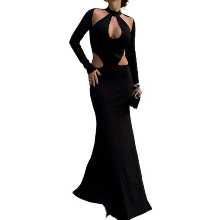 Long-Sleeve Halter-Neck Plain Cutout Maxi Mermaid Dress Product Image