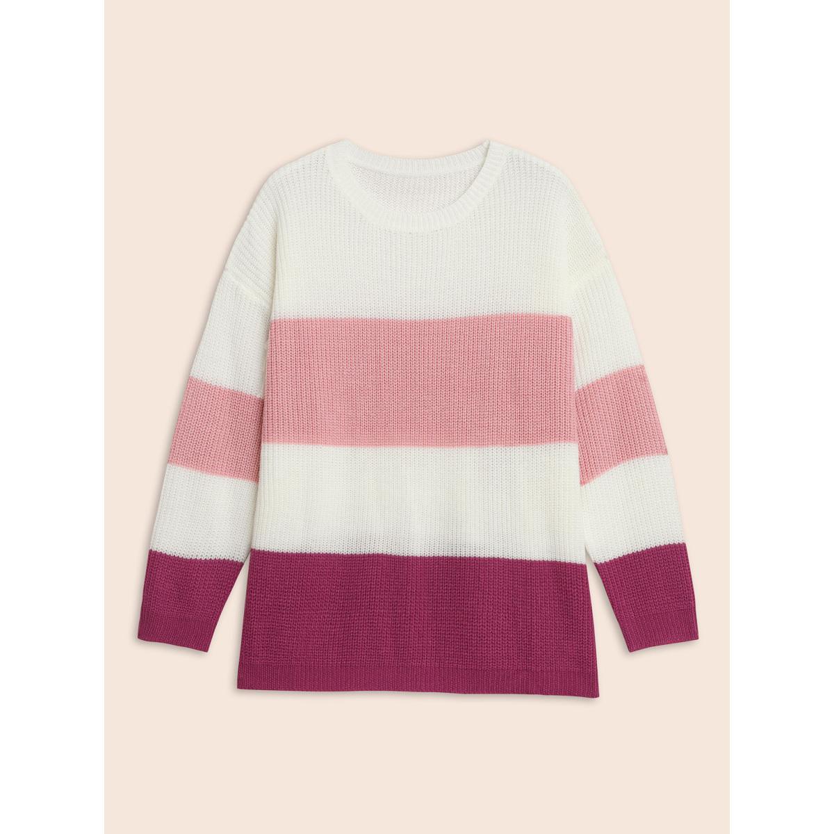 Plus Size Round Neck Colorblock Contrast Pullover RedViolet Women Casual Long Sleeve Round Neck Everyday Pullovers BloomChic 10/M Product Image