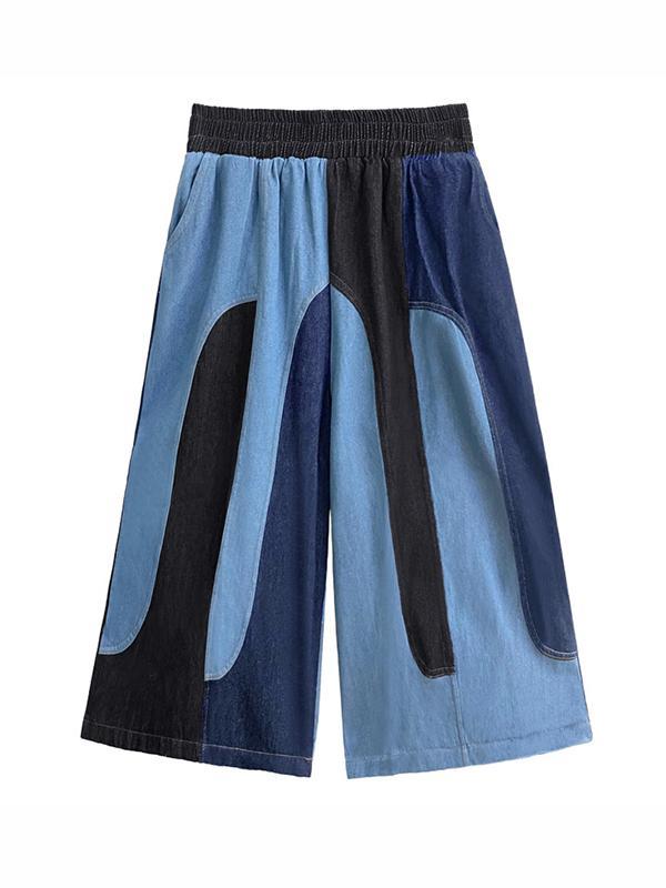 Loose Wide Leg Contrast Color Elasticity Split-Joint Jean Pants Bottoms Product Image