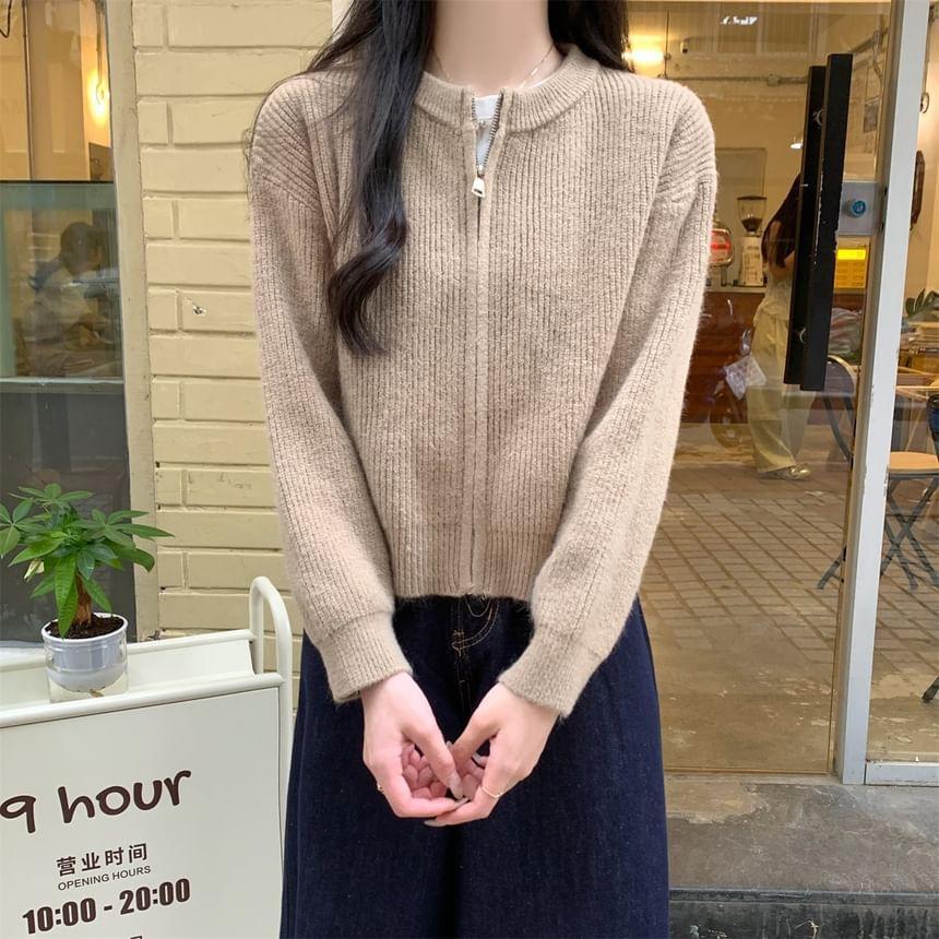 Crew Neck Plain Zip-Up Crop Cardigan Product Image