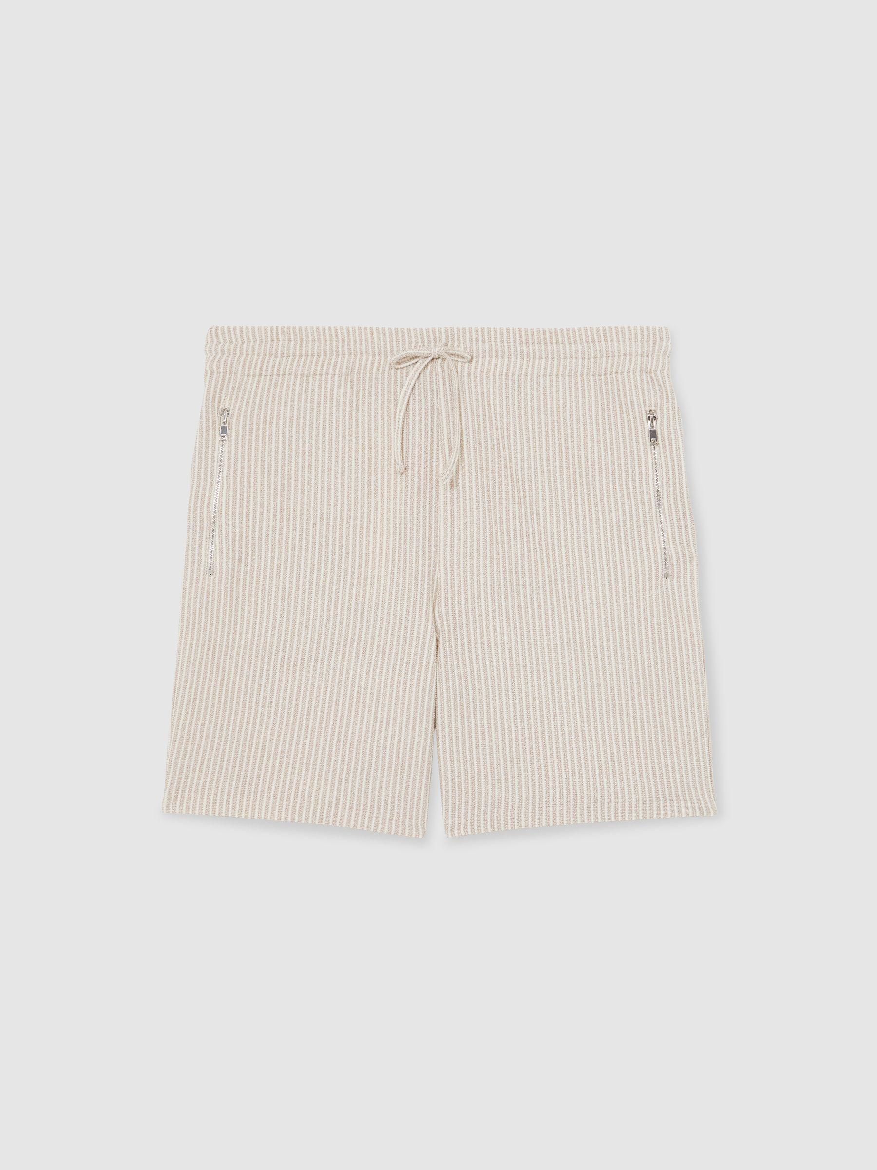 Cotton-Blend Stripe Drawstring Shorts in Ecru/Taupe Brown Product Image