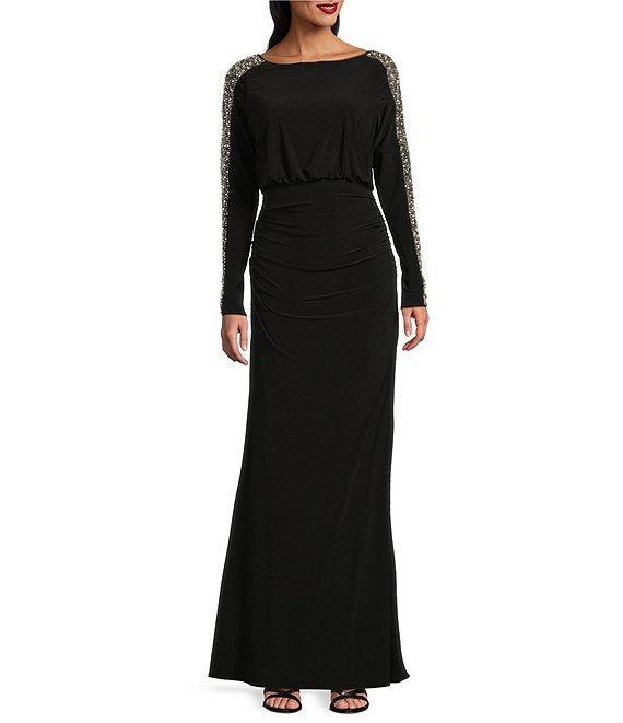 Betsy & Adam Beaded Boat Neck Long Sleeves Shirred Bodice Sheath Dress Product Image