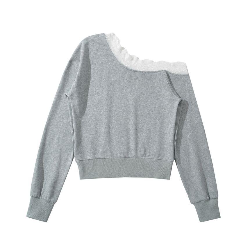 One Shoulder Plain Lace Trim Crop Pullover Product Image