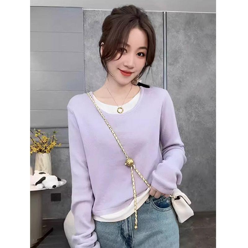 Mock Two-Piece Long-Sleeve Round Neck Two Tone T-Shirt Product Image