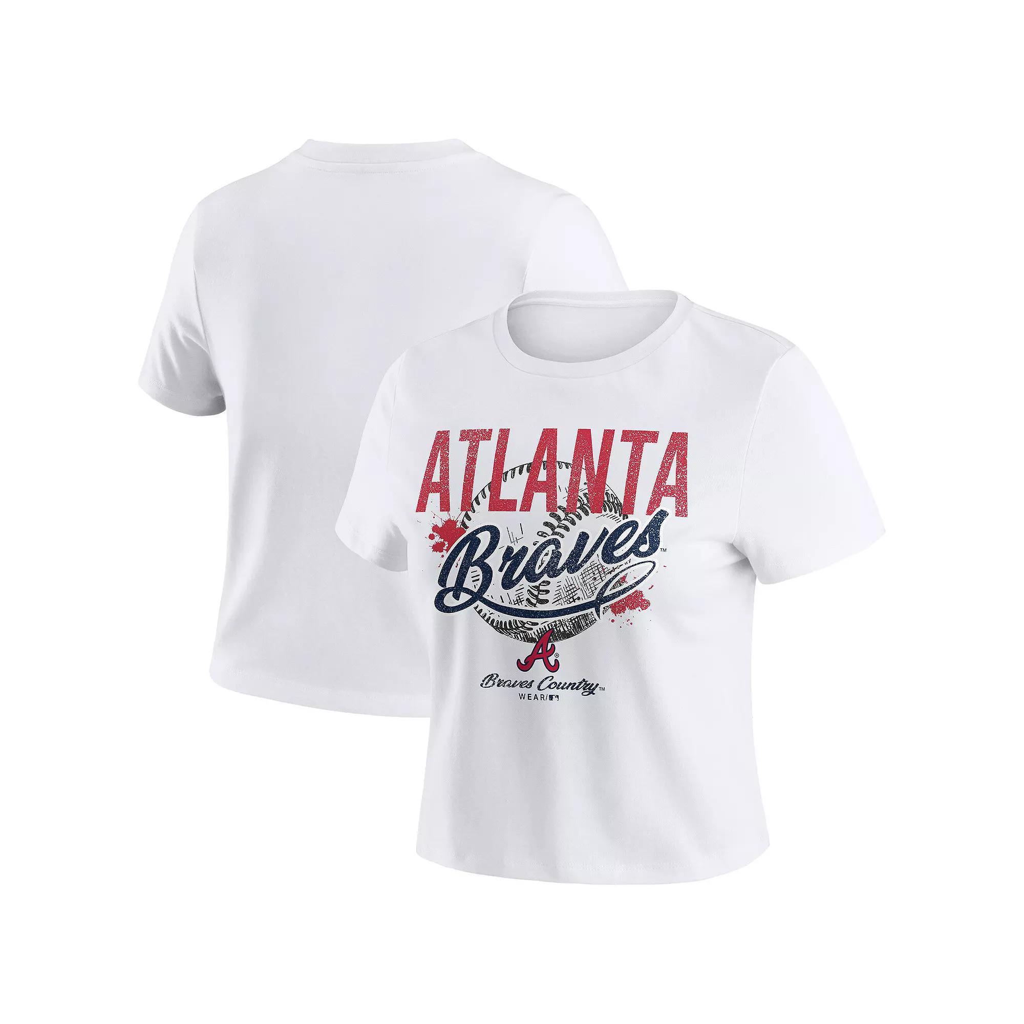 Women's WEAR by Erin Andrews White Atlanta Braves Distressed Cropped Baby T-Shirt,  Product Image