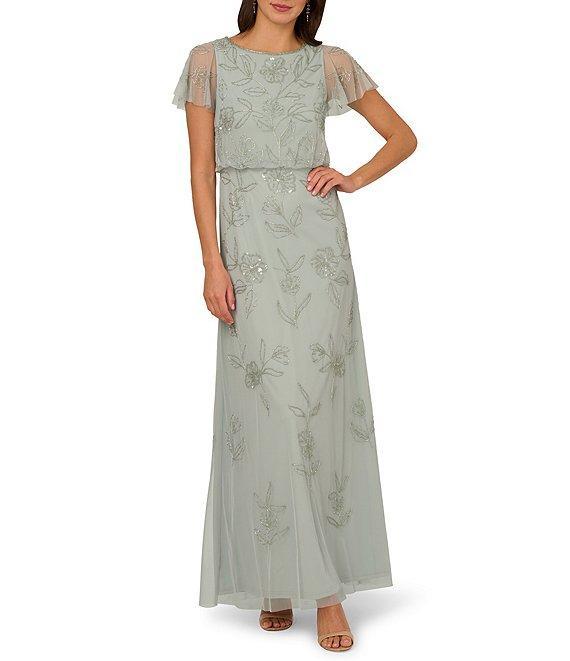 Adrianna Papell Crew Neck Short Flutter Sleeve Beaded Blouson Dress Product Image