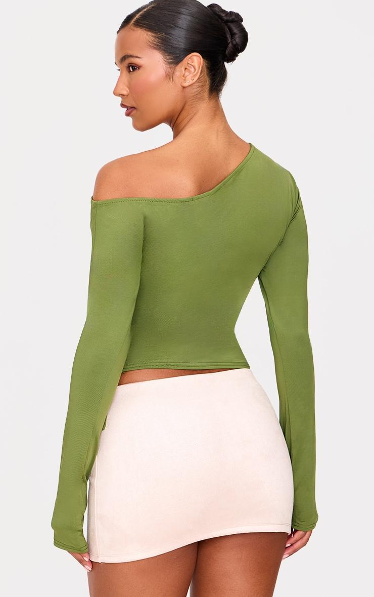 Olive Slinky Asymmetric Neck Popper Detail Long Sleeve Top Product Image