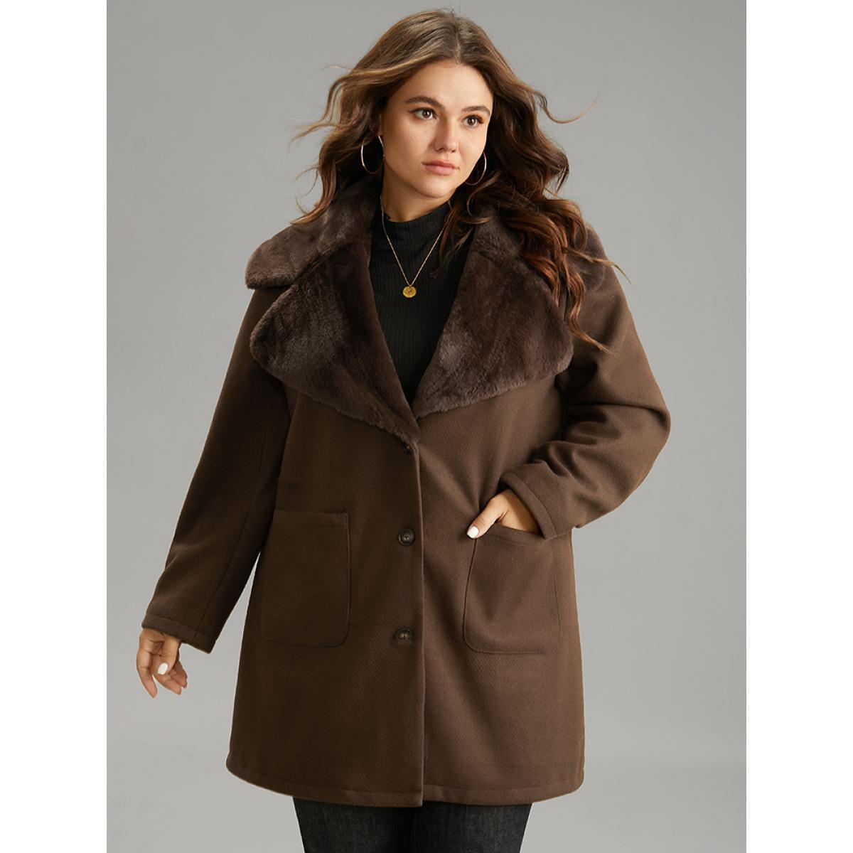 Plus Size Plain Lapel Collar Fuzzy Trim Patchwork Button Up Coat Women DarkBrown Casual Lined Ladies Dailywear Winter Coats BloomChic 10/M Product Image