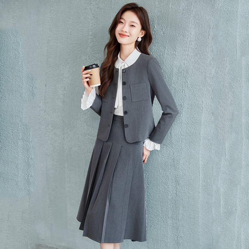 Collarless Plain Single-Breasted Blazer / Long-Sleeve Bow Shirt / High Waist Pleated Midi A-Line Skirt Product Image