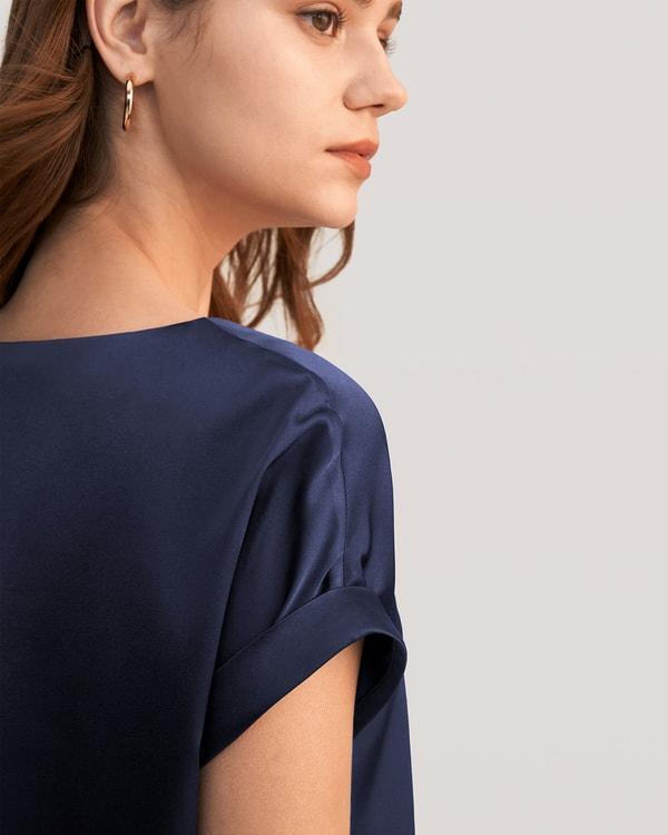 LILYSILK Women Silk Tee Shirts Black Quality Stretchy Silk Soft Classic Round Neck Rolled Cuffs Silk Top XS Product Image