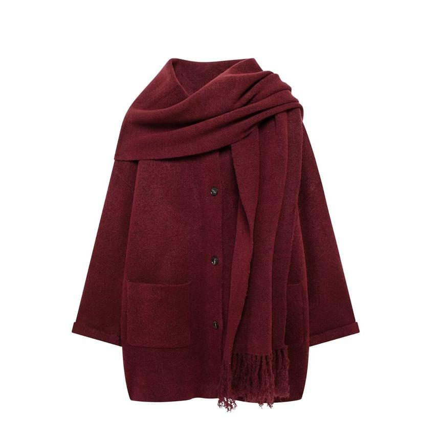 Set: Round Neck Long Cardigan + Fringed Scarf Product Image