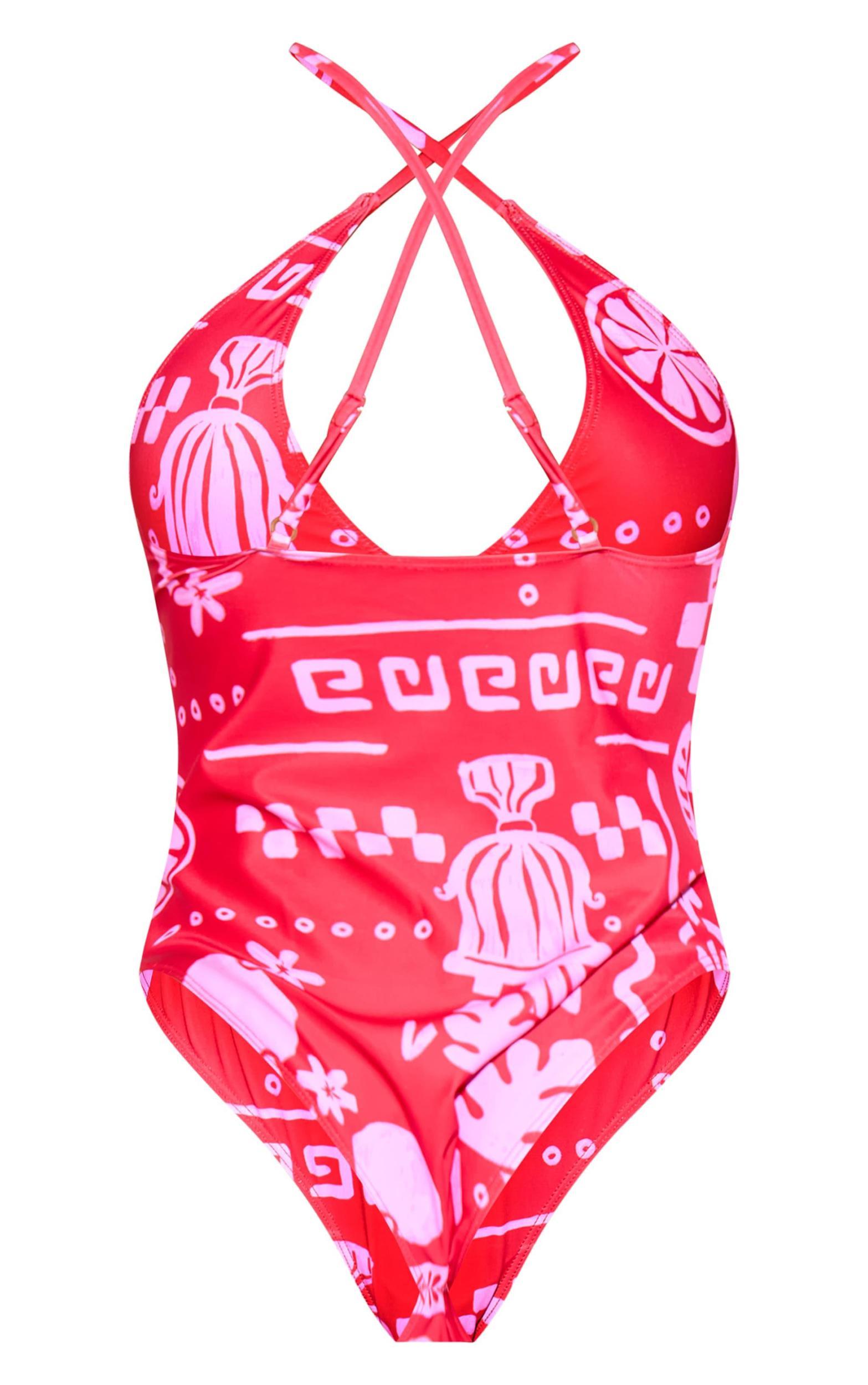 Red Tile Print Plunge Swimsuit Product Image