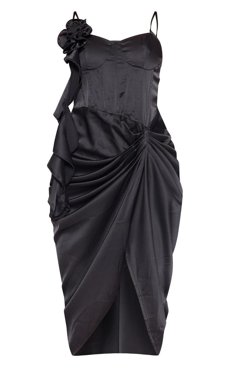  Black Satin Rose Detail Corset Mini Dress Product Image