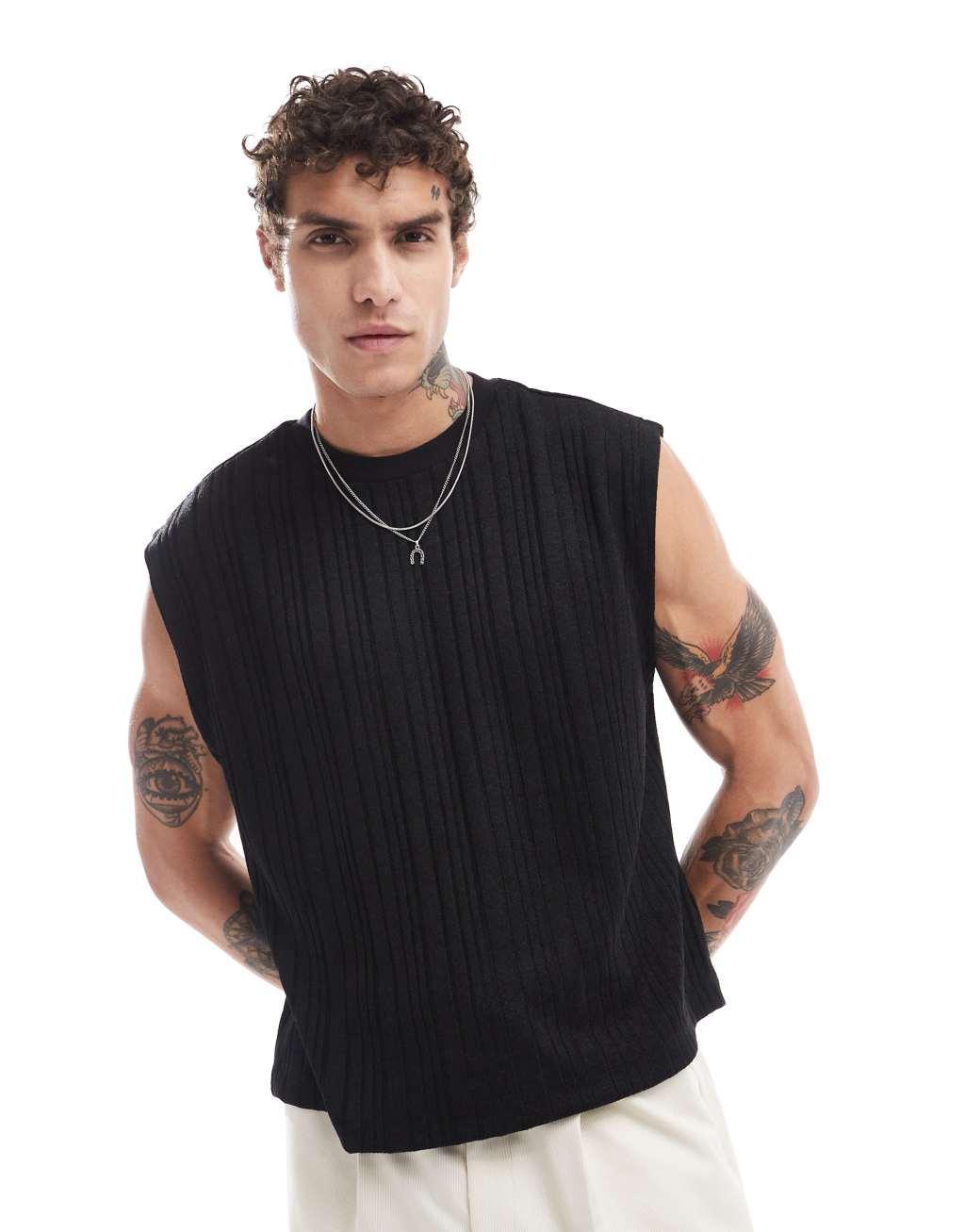 ASOS DESIGN relaxed boxy heavyweight tank in black rib Product Image