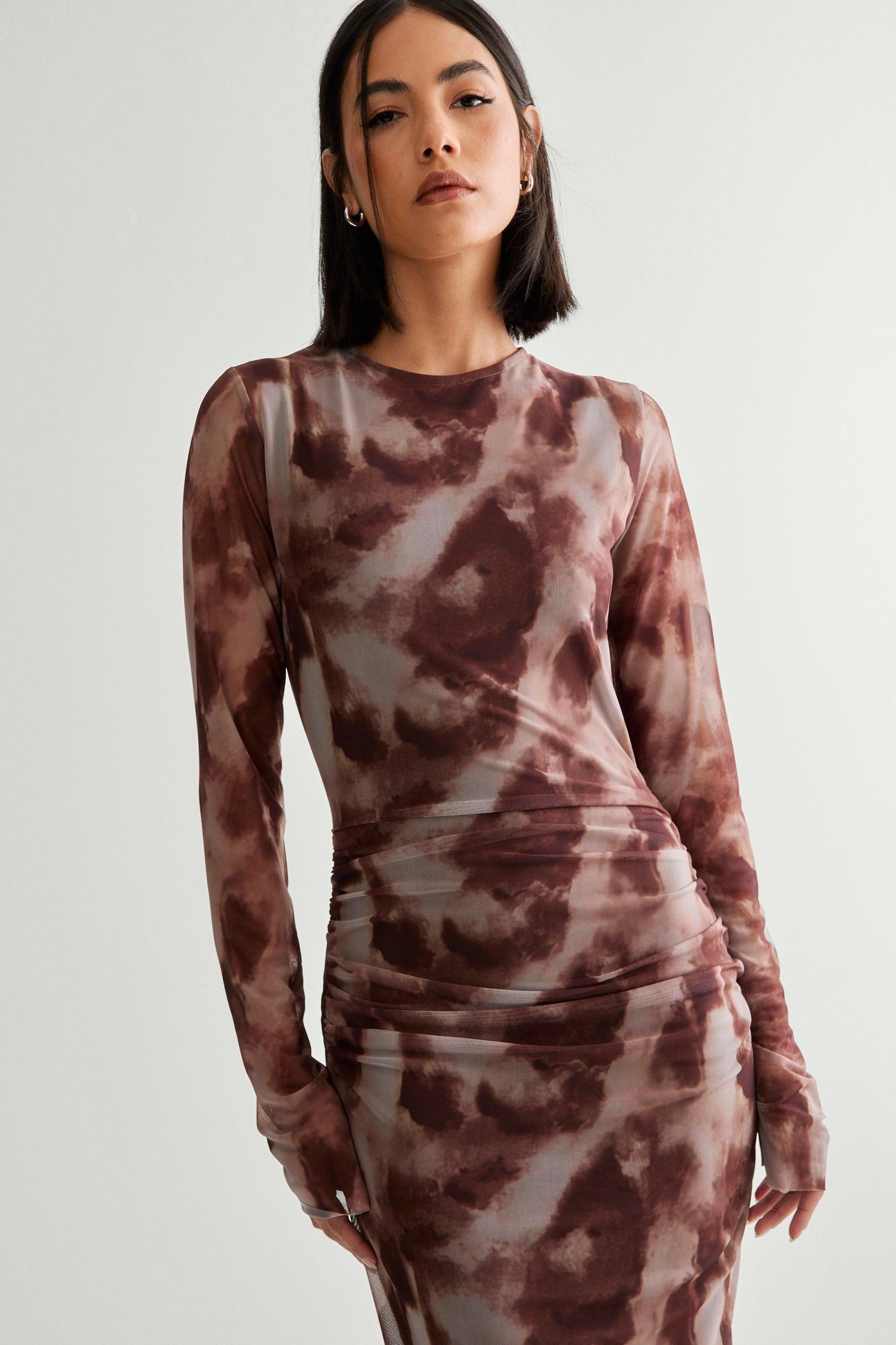 Blurred Print Mesh Long Sleeve Maxi Dress Product Image