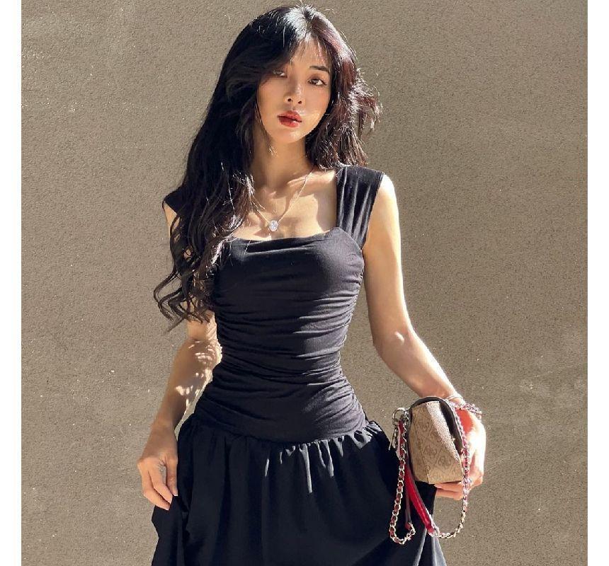 Sleeveless Square Neck Plain Maxi A-Line Dress Product Image