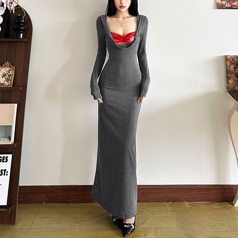 Long Sleeve Scoop Neck Plain Maxi Bodycon Dress Product Image