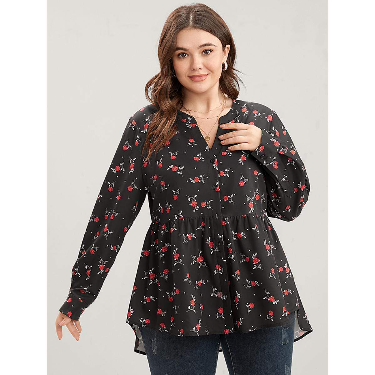 Plus Size Midnight Floral Print Button Up High Low Hem Blouse Women Elegant Long Sleeve V-neck Dailywear Blouses BloomChic 30/6X Product Image