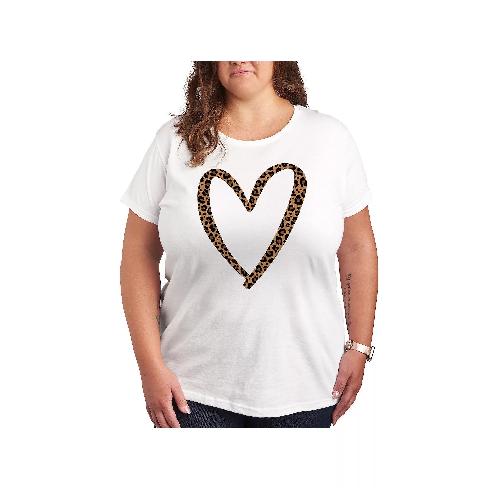 Plus Leopard Print Heart Outline Graphic Tee, Women's, Size: 1XL, Grey Dark Red Product Image