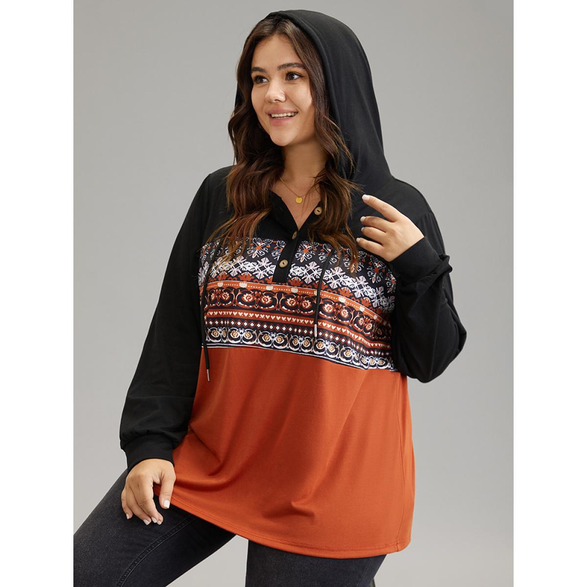Plus Size Contrast Bandana Button Up Hooded T-shirt Multicolor Women Casual Contrast Bohemian Print Hooded Dailywear T-shirts BloomChic 10/M Product Image