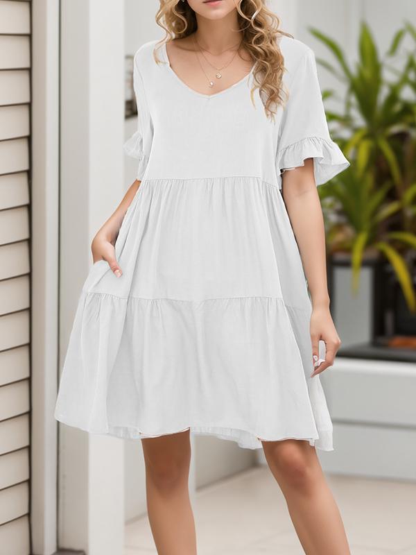 A-Line Flared Sleeves Pleated Pockets Ruffled Solid Color Split-Joint Round-Neck Mini Dresses Product Image