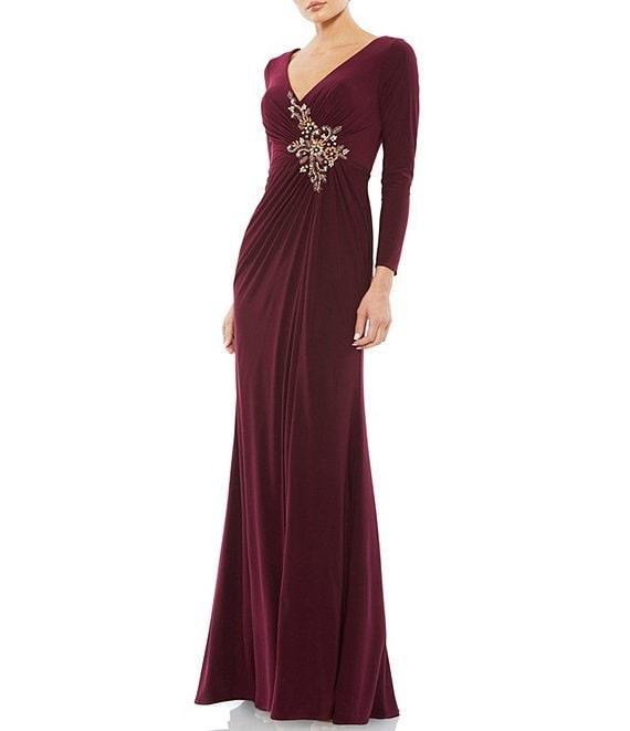 Mac Duggal Ruched Rhinestone Applique V-Neck Long Sleeve Gown Product Image