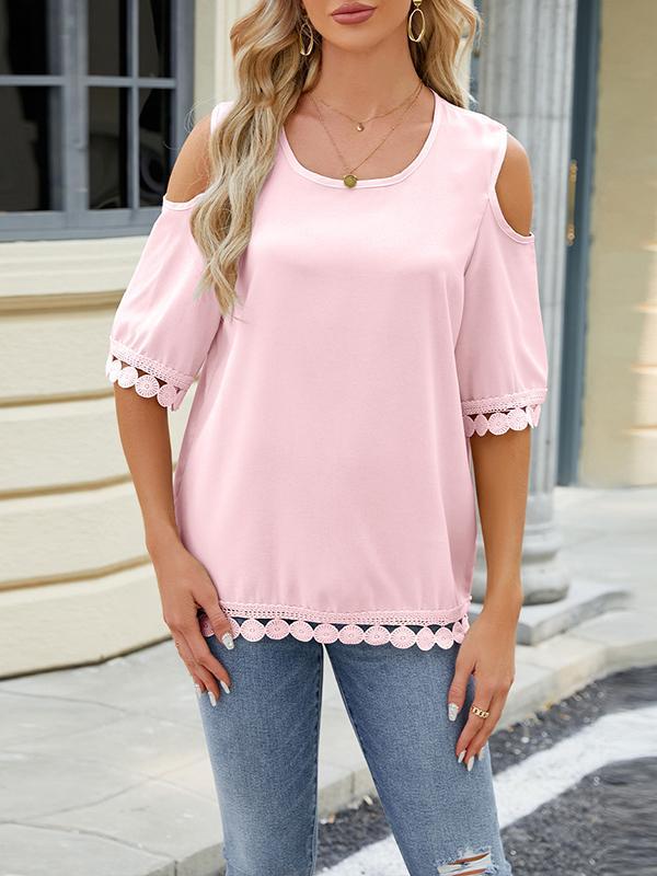 Loose Short Sleeves Solid Color Split-Joint Tasseled Cold Shoulder T-Shirts Tops Product Image