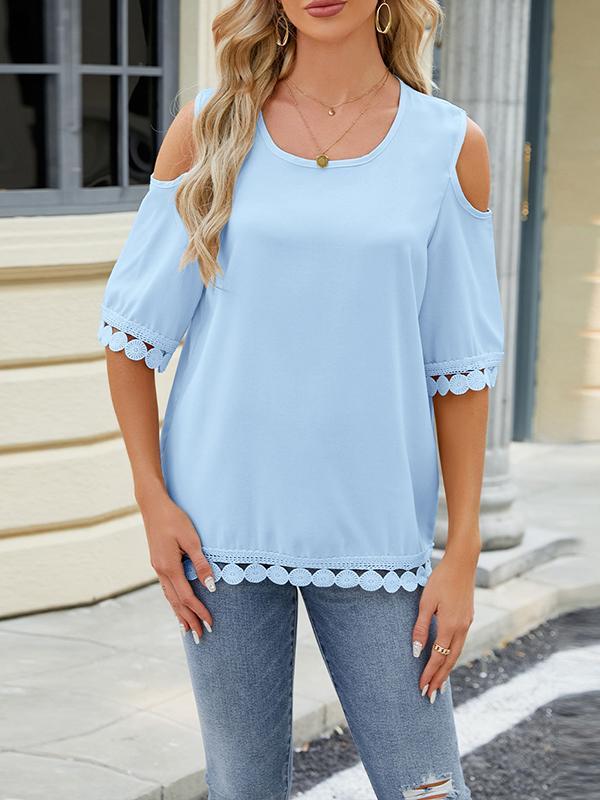 Loose Short Sleeves Solid Color Split-Joint Tasseled Cold Shoulder T-Shirts Tops Product Image