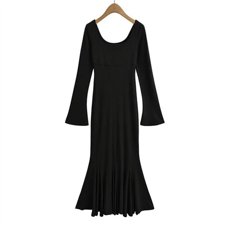 Long Sleeve Square Neck Plain Maxi Mermaid Dress Product Image