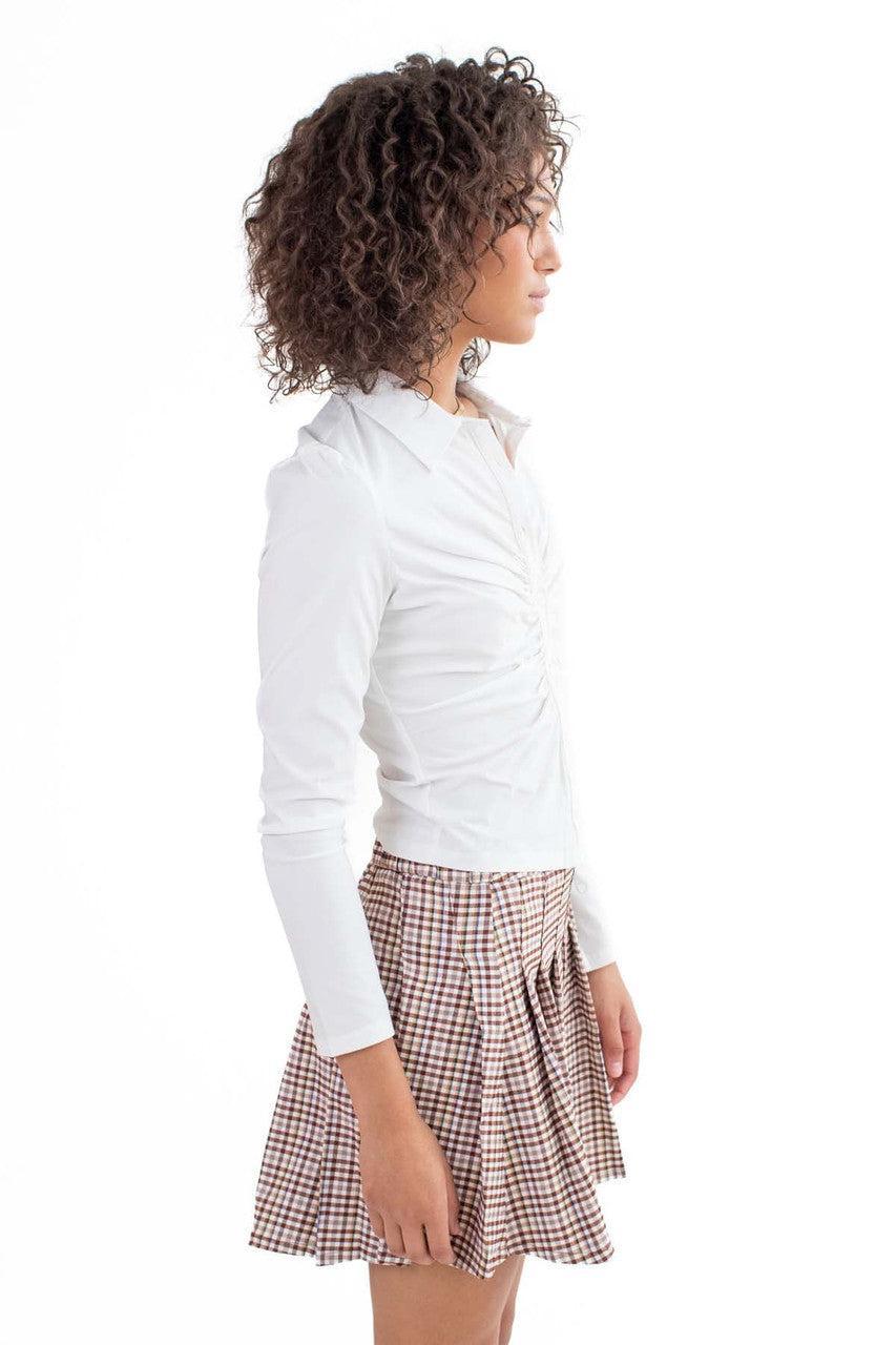 White Ruched Front Button Up shirt Product Image