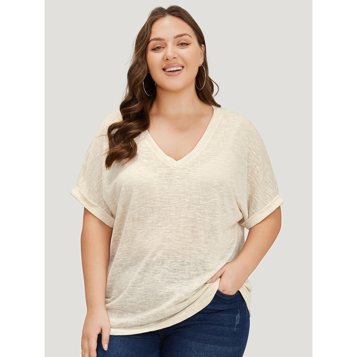 Plus Size Solid Mesh Heather Roll Batwing Sleeve T-shirt Beige Women Casual See through Plain V-neck Dailywear T-shirts BloomChic 14-16/1X Product Image