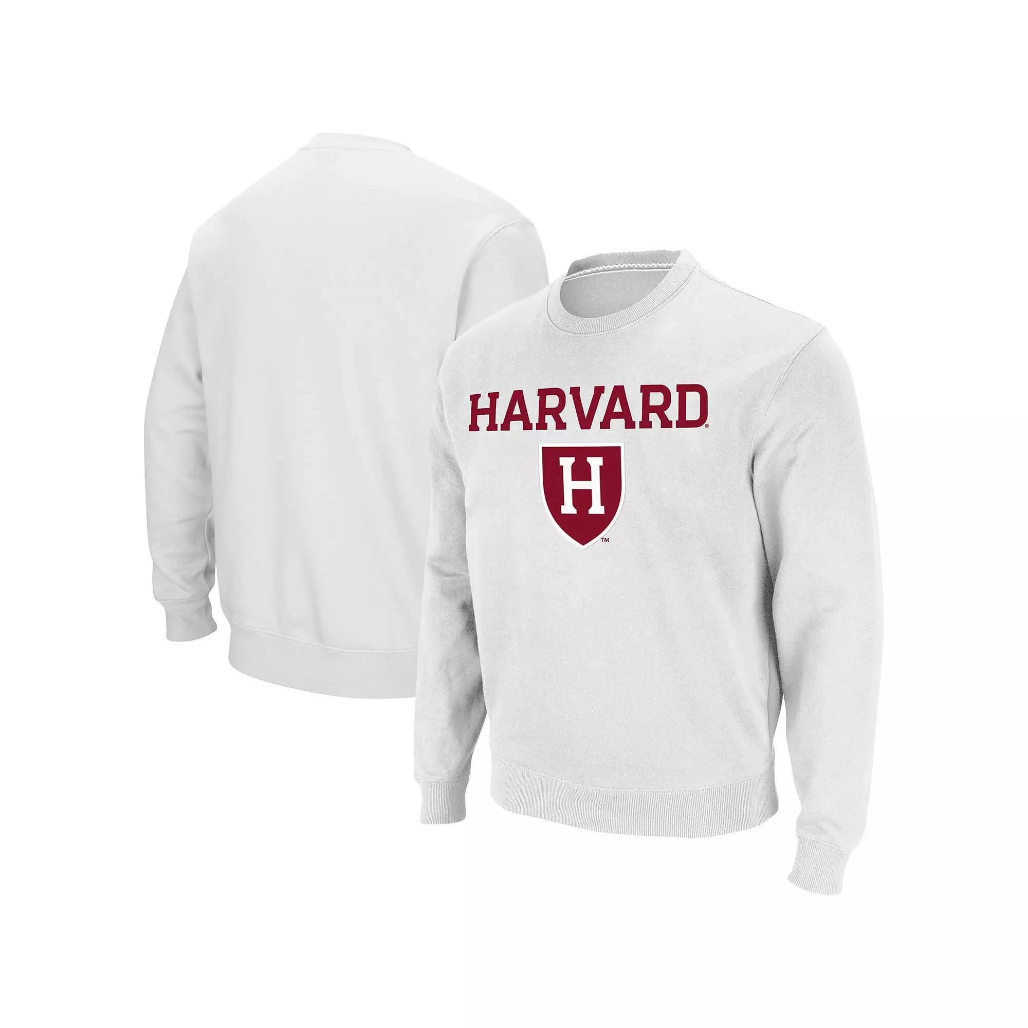 Men's Colosseum White Harvard Crimson Team Arch & Logo Tackle Twill Pullover Sweatshirt,  Product Image