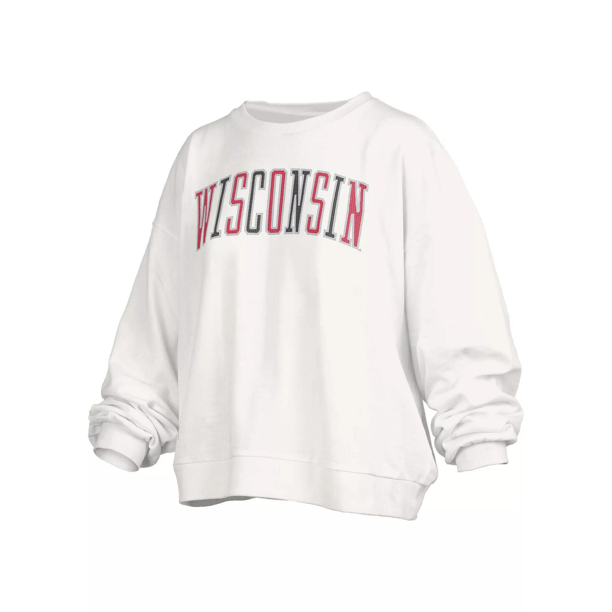 Women's Pressbox White Wisconsin Badgers Janise Waist Length Oversized Pullover Sweatshirt, Size: Large Product Image
