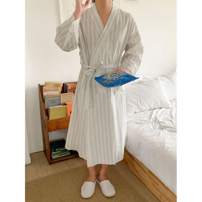 Couple Matching V-Neck Striped Tie Waist Pajama Robe Product Image