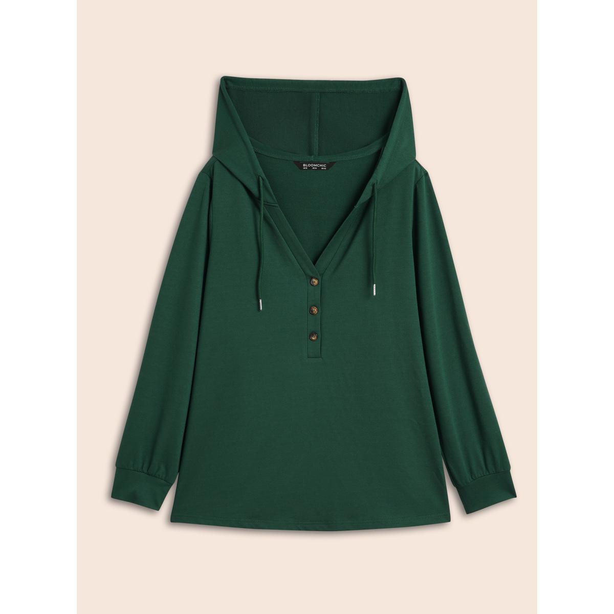 Plus Size Plain Button Up Drawstring Hooded Sweatshirt Women DarkGreen Casual Elastic cuffs Hooded Dailywear Sweatshirts BloomChic 18-20/2X Product Image