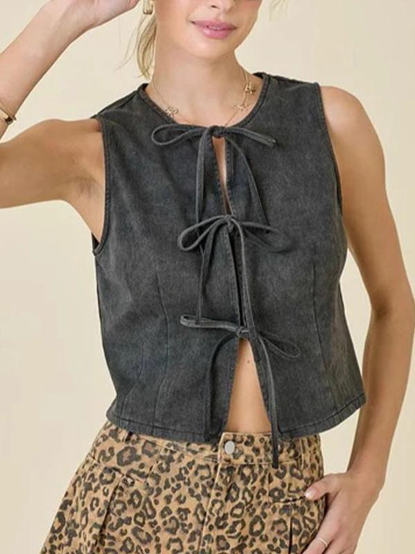 Loose Sleeveless Lace-Up Split-Joint Round-Neck Vest Top Product Image